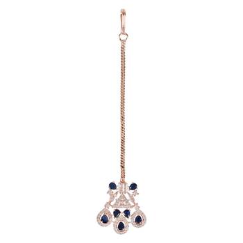 Valentine's Special Rose Gold Blue Beautiful AD & CZ Studded Crystal Maang Tikka for Women and Girls  2
