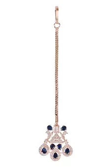 Valentine's Special Rose Gold Blue Beautiful AD & CZ Studded Crystal Maang Tikka for Women and Girls 