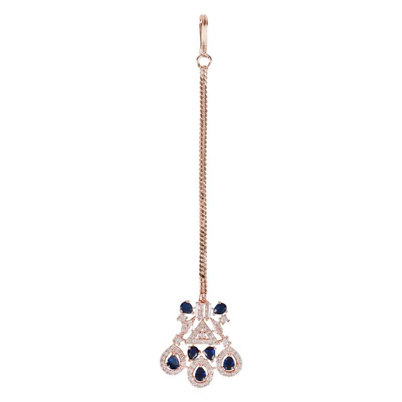 Valentine's Special Rose Gold Blue Beautiful AD & CZ Studded Crystal Maang Tikka for Women and Girls 