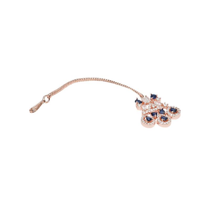 Valentine's Special Rose Gold Blue Beautiful AD & CZ Studded Crystal Maang Tikka for Women and Girls 