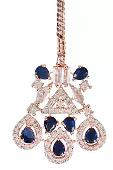Valentine's Special Rose Gold Blue Beautiful AD & CZ Studded Crystal Maang Tikka for Women and Girls 