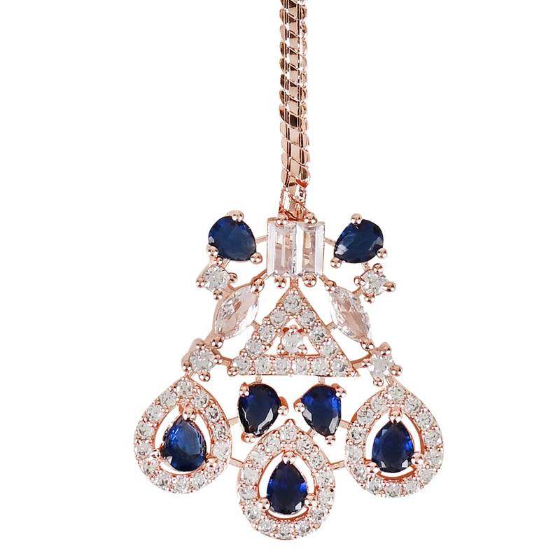 Valentine's Special Rose Gold Blue Beautiful AD & CZ Studded Crystal Maang Tikka for Women and Girls 