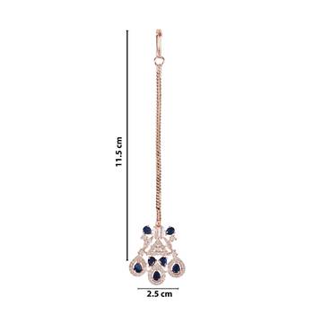 Valentine's Special Rose Gold Blue Beautiful AD & CZ Studded Crystal Maang Tikka for Women and Girls  5
