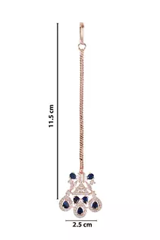 Valentine's Special Rose Gold Blue Beautiful AD & CZ Studded Crystal Maang Tikka for Women and Girls 