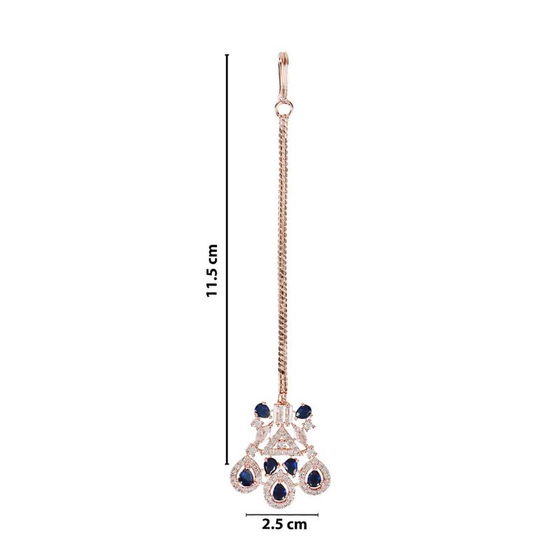 Valentine's Special Rose Gold Blue Beautiful AD & CZ Studded Crystal Maang Tikka for Women and Girls 