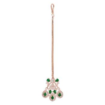 Valentine's Special Rose  Green Beautiful AD & CZ Studded Crystal Maang Tikka for Women and Girls  2
