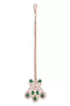 Valentine's Special Rose  Green Beautiful AD & CZ Studded Crystal Maang Tikka for Women and Girls 