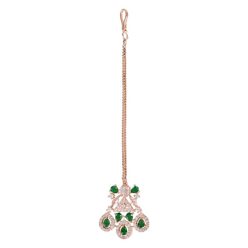Valentine's Special Rose  Green Beautiful AD & CZ Studded Crystal Maang Tikka for Women and Girls 