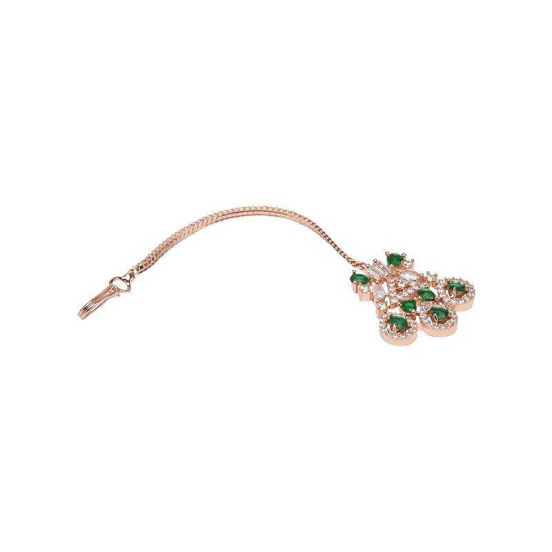 Valentine's Special Rose  Green Beautiful AD & CZ Studded Crystal Maang Tikka for Women and Girls 