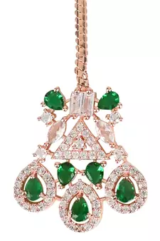 Valentine's Special Rose  Green Beautiful AD & CZ Studded Crystal Maang Tikka for Women and Girls 