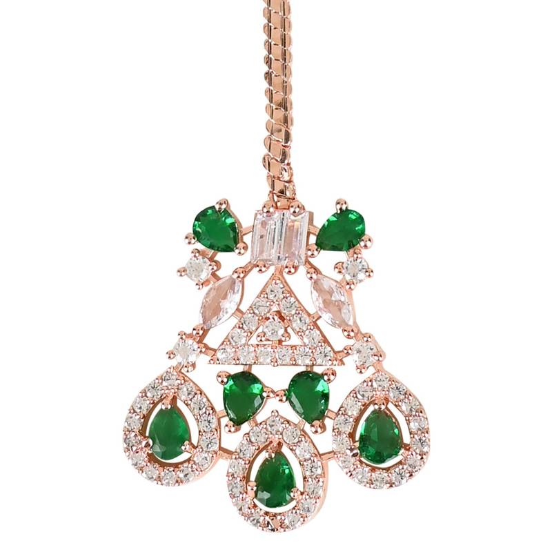 Valentine's Special Rose  Green Beautiful AD & CZ Studded Crystal Maang Tikka for Women and Girls 