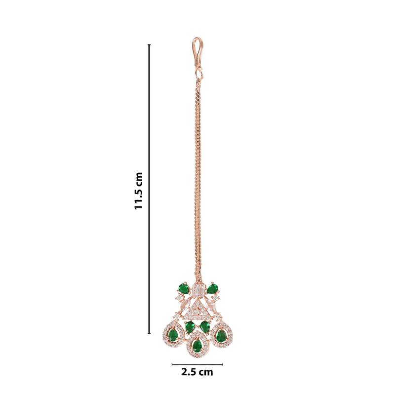 Valentine's Special Rose  Green Beautiful AD & CZ Studded Crystal Maang Tikka for Women and Girls 
