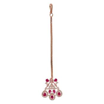 Valentine's Special Rose Gold Pink Beautiful AD & CZ Studded Crystal Maang Tikka for Women and Girls  2