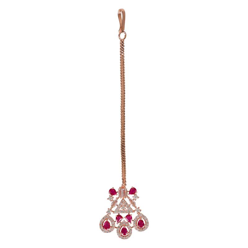Valentine's Special Rose Gold Pink Beautiful AD & CZ Studded Crystal Maang Tikka for Women and Girls 
