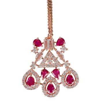 Valentine's Special Rose Gold Pink Beautiful AD & CZ Studded Crystal Maang Tikka for Women and Girls  4