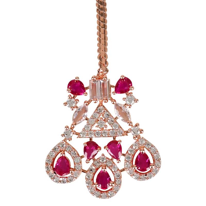 Valentine's Special Rose Gold Pink Beautiful AD & CZ Studded Crystal Maang Tikka for Women and Girls 