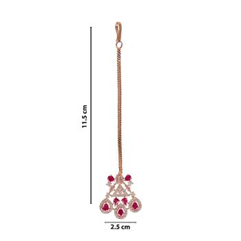 Valentine's Special Rose Gold Pink Beautiful AD & CZ Studded Crystal Maang Tikka for Women and Girls  5