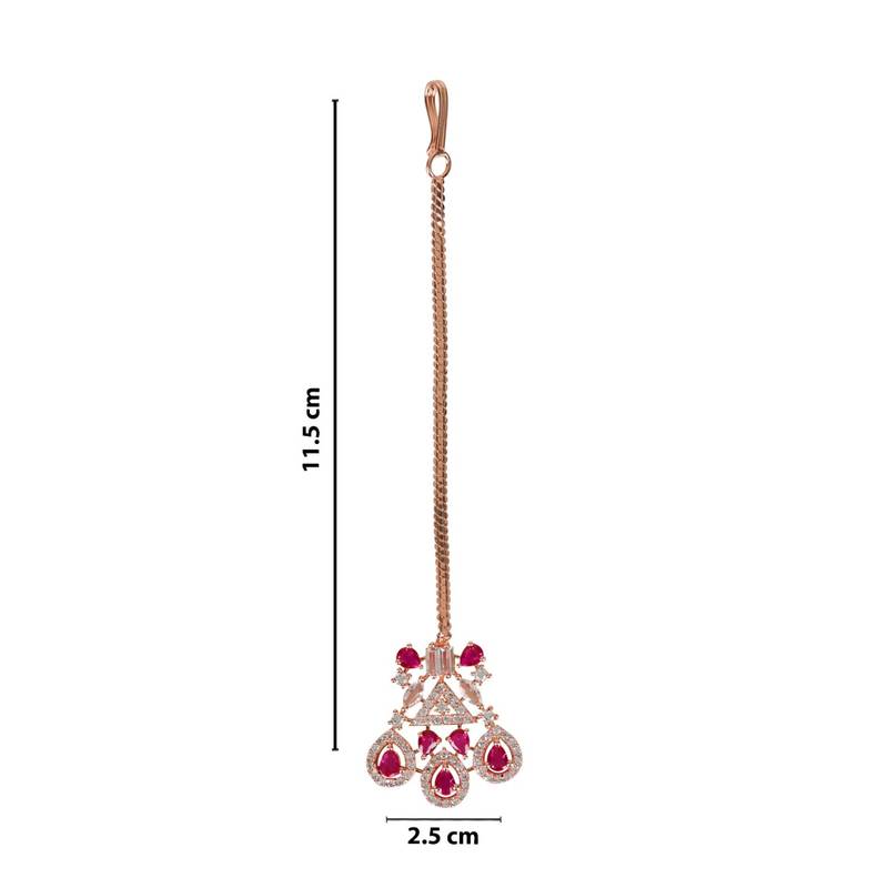 Valentine's Special Rose Gold Pink Beautiful AD & CZ Studded Crystal Maang Tikka for Women and Girls 