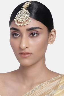Gold Plated Traditional Kundan Pearl Chandbali Bridal Stylish Maang Tikka for Women 