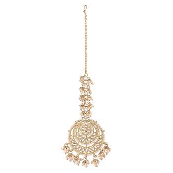 Gold Plated Traditional Kundan Pearl Chandbali Bridal Stylish Maang Tikka for Women  2