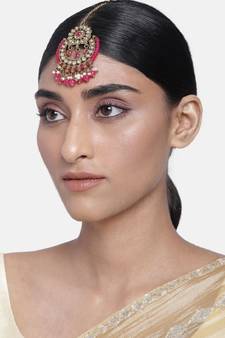 Gold Plated Traditional Kundan & Pearl Studded Maang Tikka For Women 