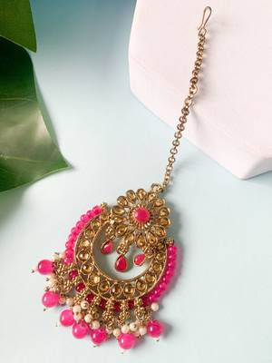 Gold Plated Traditional Kundan & Pearl Studded Maang Tikka For Women  2