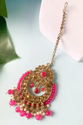 Gold Plated Traditional Kundan & Pearl Studded Maang Tikka For Women 