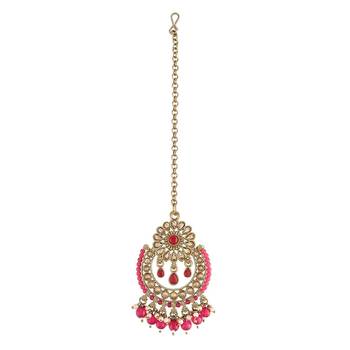 Gold Plated Traditional Kundan & Pearl Studded Maang Tikka For Women  3
