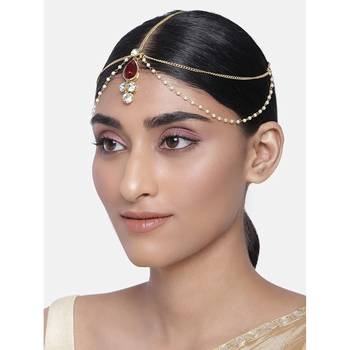 Traditional Gold Plated Bridal Chain with Pearl Layer Stone Mathapatti/Maang Tikka Jewellery for Women  1
