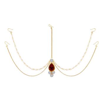 Traditional Gold Plated Bridal Chain with Pearl Layer Stone Mathapatti/Maang Tikka Jewellery for Women  2