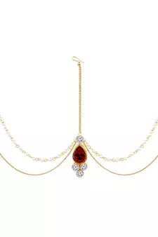 Traditional Gold Plated Bridal Chain with Pearl Layer Stone Mathapatti/Maang Tikka Jewellery for Women 