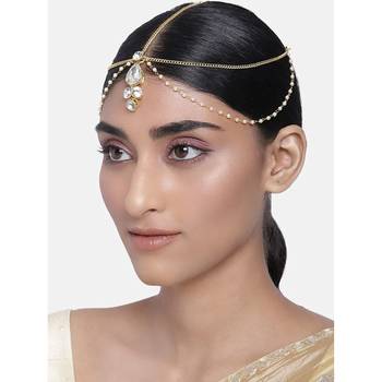 Traditional Gold Plated Bridal Chain with Pearl Layer Stone Mathapatti/Maang Tikka Jewellery for Women  1