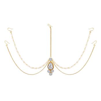 Traditional Gold Plated Bridal Chain with Pearl Layer Stone Mathapatti/Maang Tikka Jewellery for Women  2