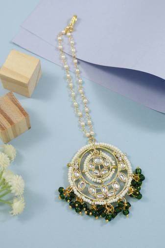 Traditional Gold Plated Kundan & Pearl Studded Maang Tikka for Women 