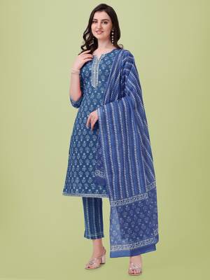 Navy Blue White Jaipuri Printed Gotta Patti Kurta With Pant and Dupatta Set  1