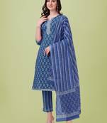 Navy Blue White Jaipuri Printed Gotta Patti Kurta With Pant and Dupatta Set 