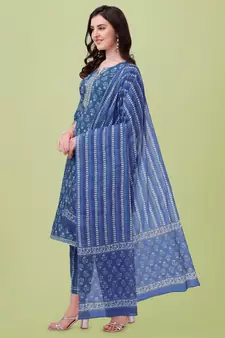 Navy Blue White Jaipuri Printed Gotta Patti Kurta With Pant and Dupatta Set 