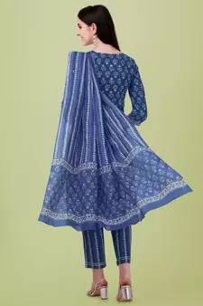 Navy Blue White Jaipuri Printed Gotta Patti Kurta With Pant and Dupatta Set 