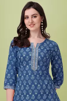 Navy Blue White Jaipuri Printed Gotta Patti Kurta With Pant and Dupatta Set 