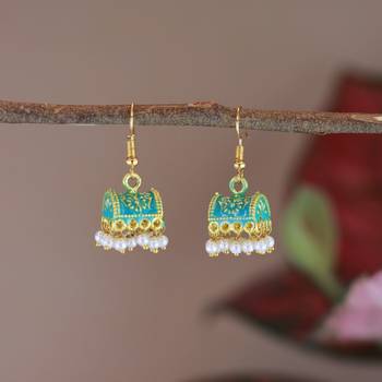 Gold Plated Traditional Meenakari Handcrafted Mint Pearl Jhumki Earrings for Women/Girls(E3074Min) 1