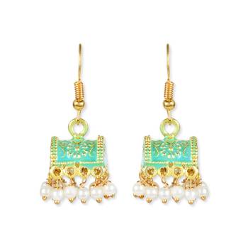 Gold Plated Traditional Meenakari Handcrafted Mint Pearl Jhumki Earrings for Women/Girls(E3074Min) 2