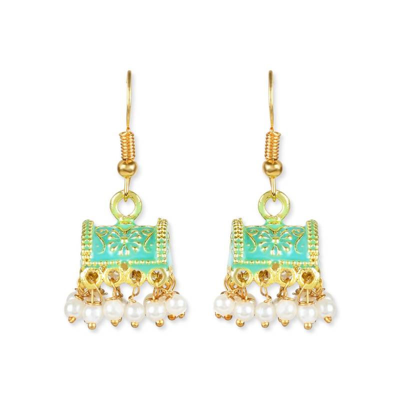 Gold Plated Traditional Meenakari Handcrafted Mint Pearl Jhumki Earrings for Women/Girls(E3074Min)