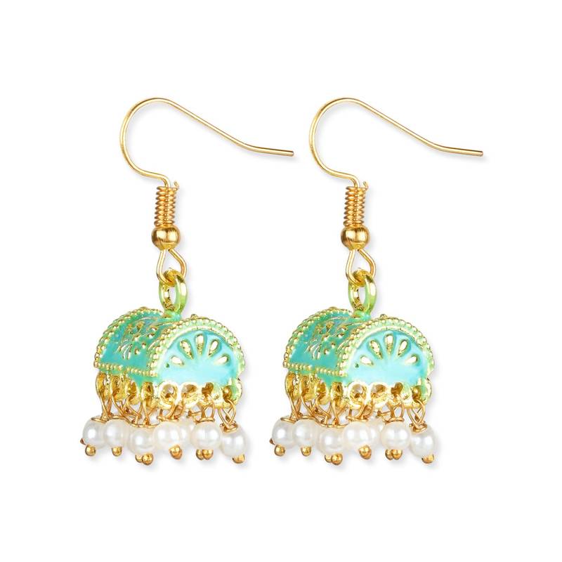 Gold Plated Traditional Meenakari Handcrafted Mint Pearl Jhumki Earrings for Women/Girls(E3074Min)
