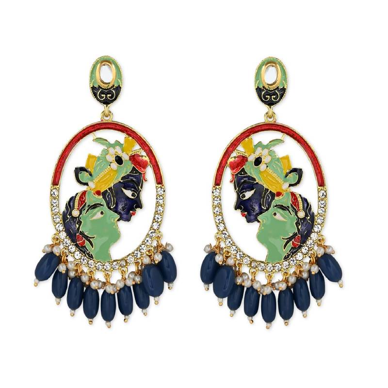 Gold Plated Traditional Meenakari Temple Radha Krishna Jhumka Earrings for Women and Girls 