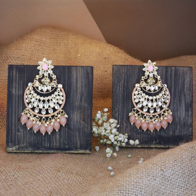 Gold Plated Traditional Handcrafted Pearl Kundan Beaded Chandbali Earrings for Women/Girls 