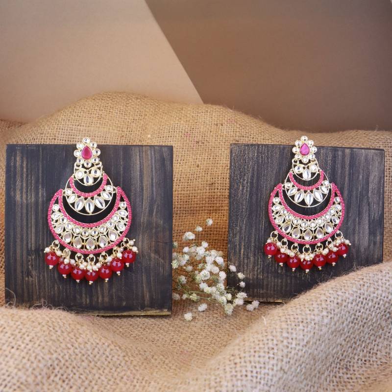 Gold Plated Traditional Handcrafted Pearl Kundan Beaded Chandbali Earrings for Women/Girls 