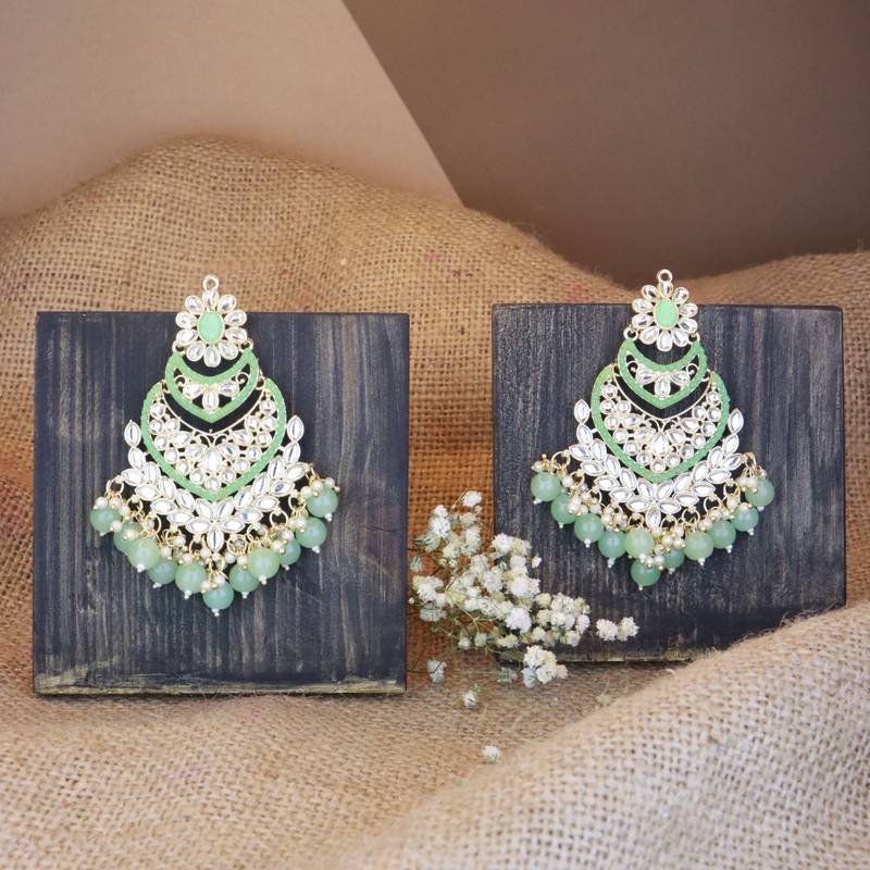 Gold Plated Traditional Handcrafted Pearl Kundan Beaded Chandbali Earrings for Women/Girls 