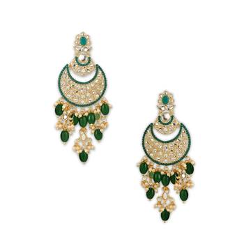 Gold Plated Traditional Handcrafted Pearl Kundan Beaded Chandbali Earrings for Women/Girls  1