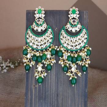 Gold Plated Traditional Handcrafted Pearl Kundan Beaded Chandbali Earrings for Women/Girls  2
