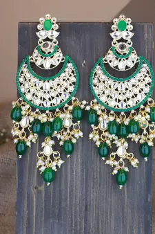 Gold Plated Traditional Handcrafted Pearl Kundan Beaded Chandbali Earrings for Women/Girls 